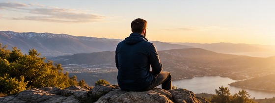 Looking out across a peaceful mountain landscape